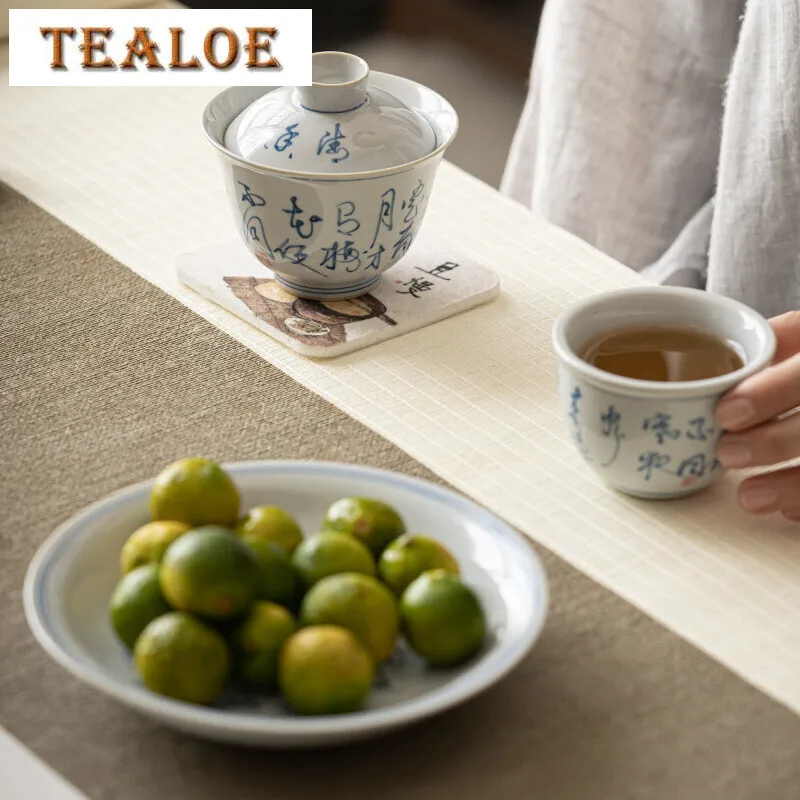 150ml Handpainted Poetry Gaiwan Household Blue and White Porcelain Cover Bowl Elegant Anti Scald Tea Tureen Tea Making Accessory