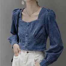 

Shirts Women Long Sleeve Short Vintage Retro Square Collar Corduroy Solid Simple Elegant Lady Casual All-match Blouses Autumn