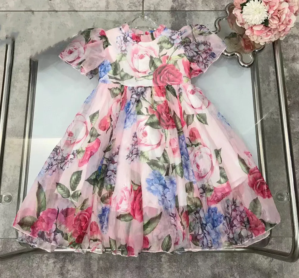 

2023 New Summer Dresses Girls Children Short Sleeve Floral Clothes Flower Print Kids Clothing dress