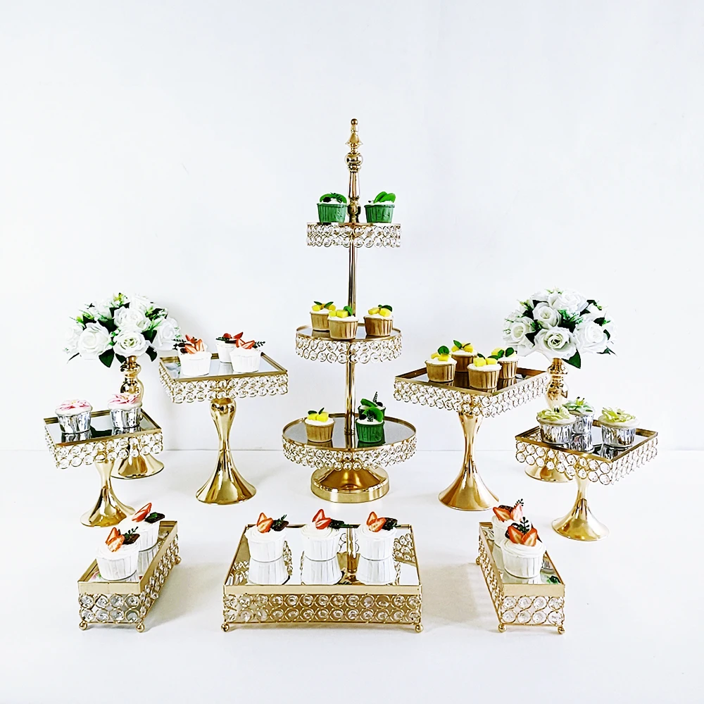 Square Gold Crystal Cake Stand 4Pcs- 17pcs/lot Perfect Wedding Birthday Baby Shower Party Crystal Footed Cake Plate Platter