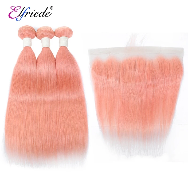 

Elfriede #Pink Straight Colored Hair Bundles with Frontal Brazilian Remy 100% Human Hair Weaves 3 Bundles with Lace Frontal 13x4