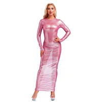 Womens Shiny Metallic Sheer Long Dress See Through Long Sleeve Bodycon Maxi Dress Cover Ups Rave Party Night Club Wear Underwear - Image 3