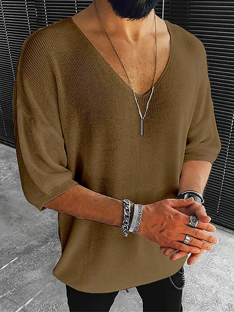 V-Neck Daily Style Knit Pullovers, Men Spring Summer Short Sleeve Fashion Loungewear Tops, Solid Patchwork Simple Male Sweaters