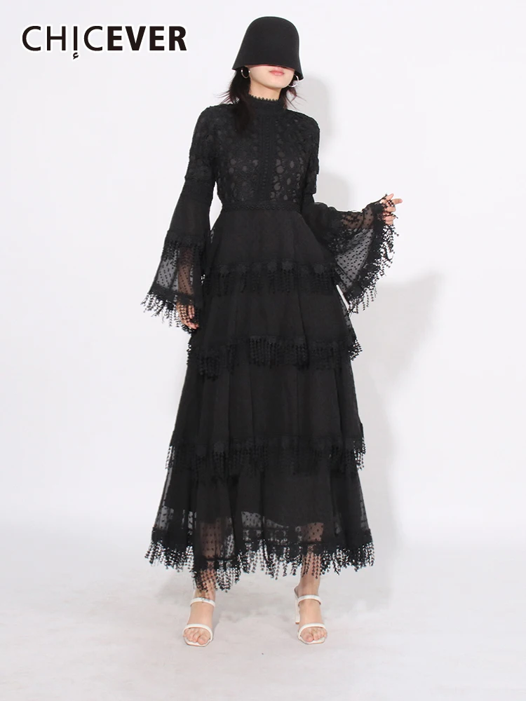 

CHICEVER Patchwork Mesh Elegant Chic Dresses For Women Stand Collar Flare Sleeve High Waist Temperament Slimming Dress Female