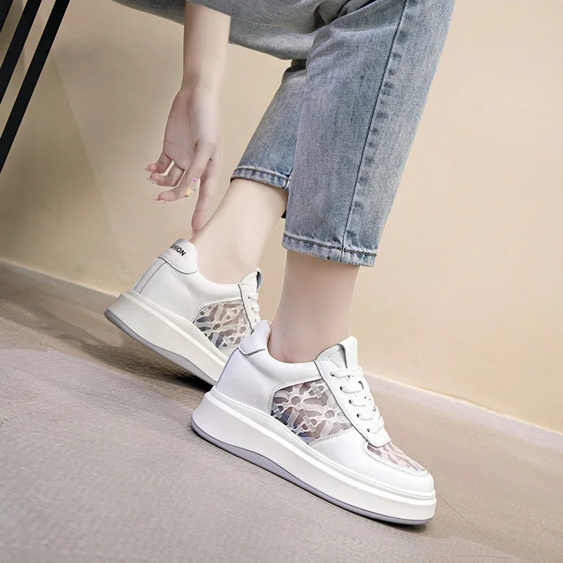 

Krasovki 7cm Air Mesh Chunky Sneakers Summer Wedge Platform Breathable Hollow Comfy Genuine Leather Lace Up Ladies Vulcanized