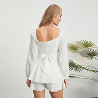 Women´s Spring Summer Loose Shorts Jumpsuit Solid Color Lantern Long Sleeve Square Neck Ruched Ruffled Playsuit - Image 2