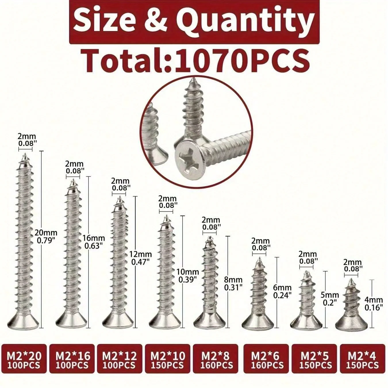 Self Tapping Screw Assortment Kit 1070pcs Self Tapping Screw Assortment Kit M2 Wood Thread Nail Screw Sets Tapping Assortment Kit Lock Nut Wood Thread Nail