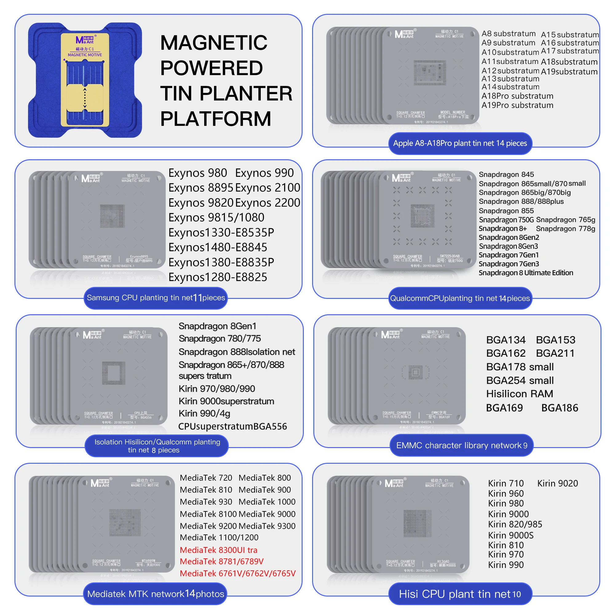 MaAnt BGA Reballing Stencil Kit Platform Magnetic IPhone A8-A19 MTK EMMC Qualcomm CPU HUWEI Planting Tin Steel Mesh Repair Tools