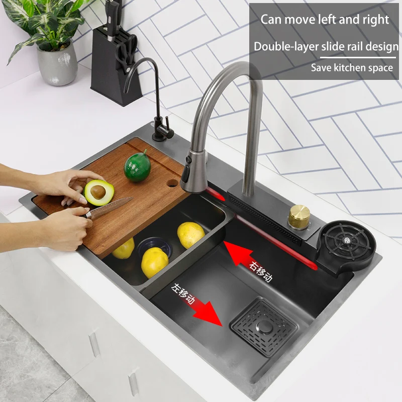 New Black Nanometer Stainless Steel 304 Waterfall Kitchen Sink 3mm Thickness Large Single Slot Above Mount Waterfall Faucet