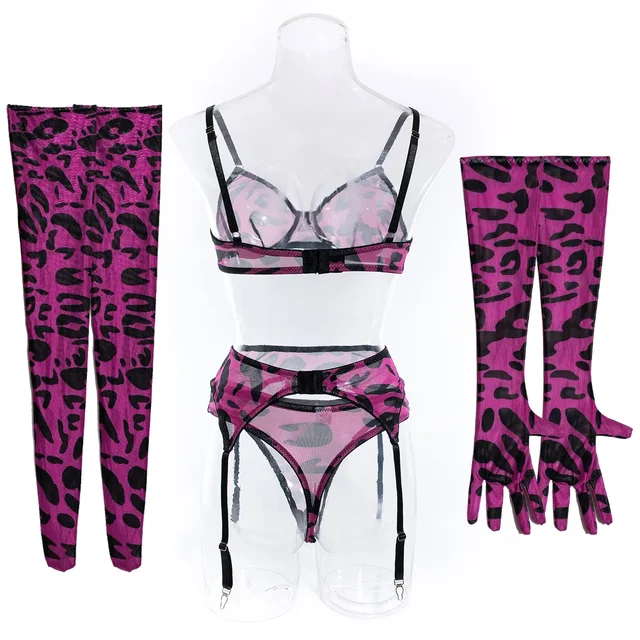 Pink Leopard Print Lingerie Set with Gloves and Stockings 21
