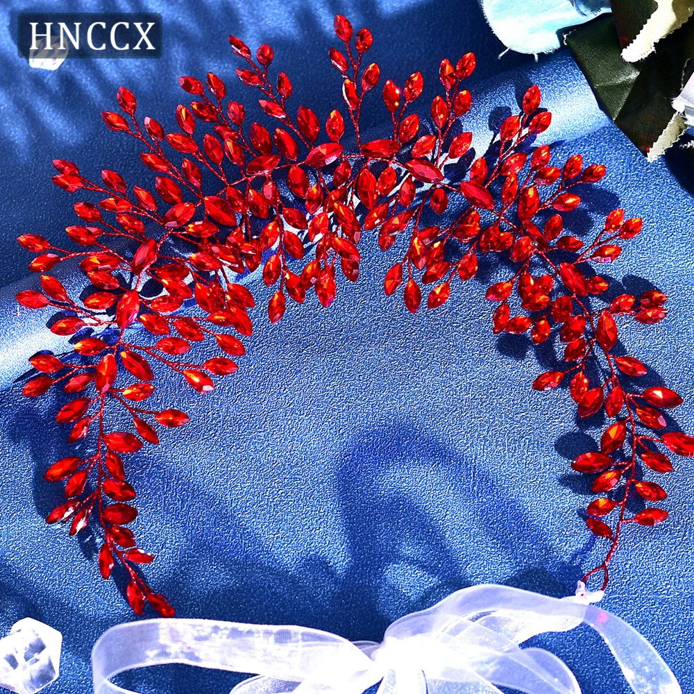 HNCCX 럭셔리 레드 컬러 라인스톤 머리띠 신부 와이드 헤어 밴드 웨딩 헤어 액세서리 여성 파티 이벤트 헤드피스 HP237