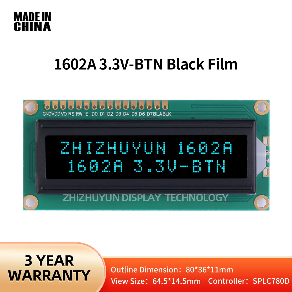 

Factory Direct Supply 1602A English LCD Display Screen BTN Black Film Ice Blue Characters Controller SPLC780D Voltage 3.3V