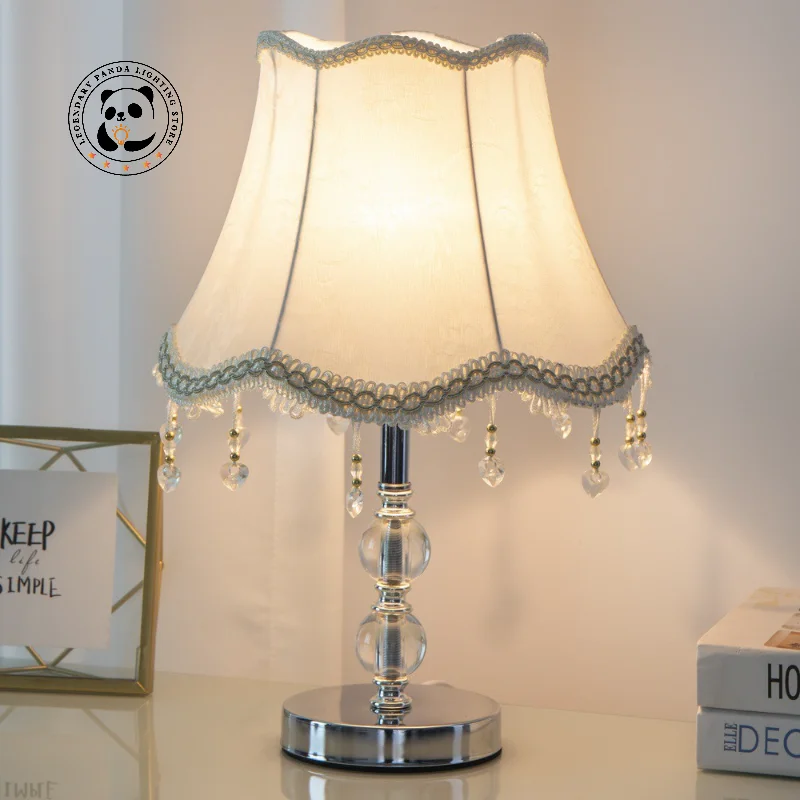 

American Crystal Table Lamp LED Metallic Luster E27 Cloth Art Lampshade Luxury Bedroom Bedside Hotel Restaurant Decor Desk Light