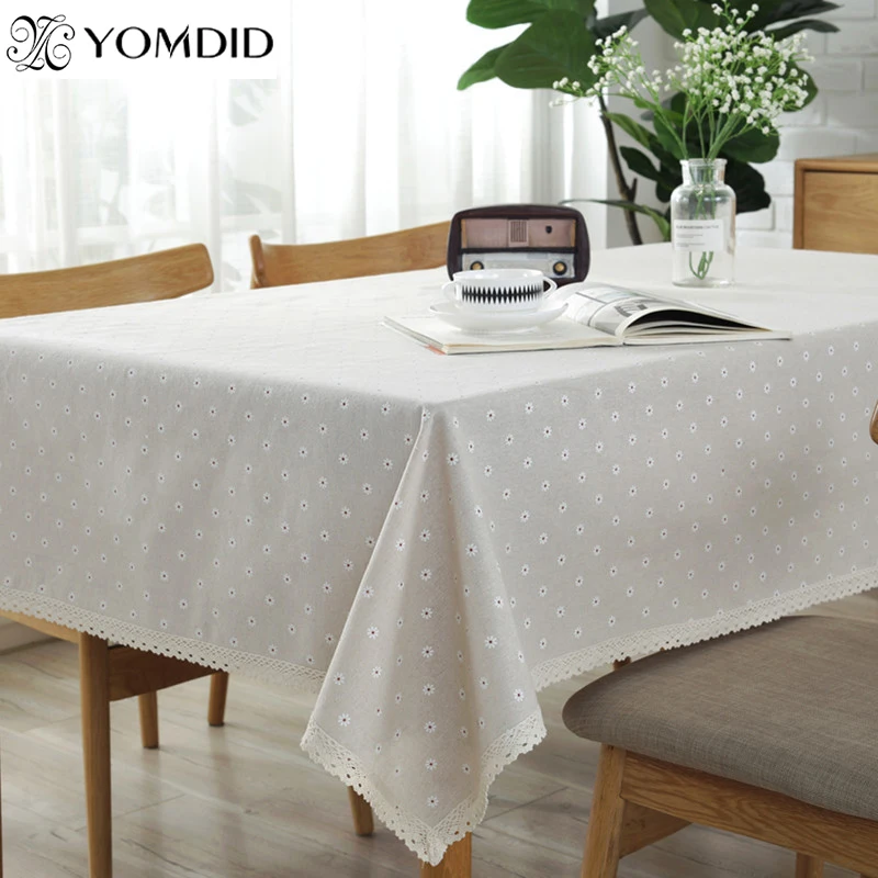 Daisy Flower Pattern Rectangular Tablecloth Linen and Cotton Lace Edge Home Hotel Textile rectangular tablecloth table cloth