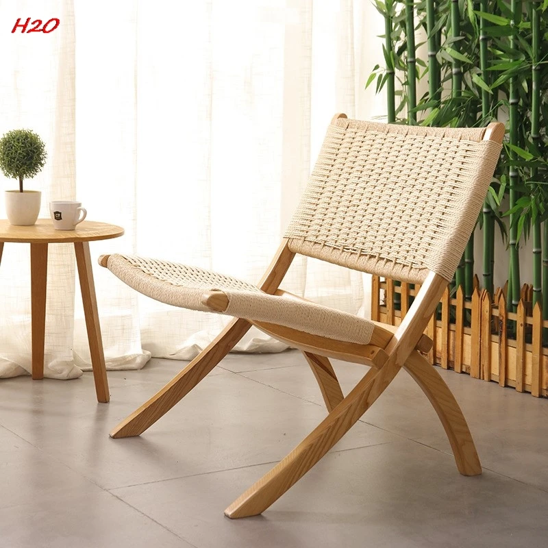 Scandinavian Ash Wood Beach Chair Solid Wood Rope Chair Saddle Leather Net Red Folding Balcony Outdoor Leisure Rope