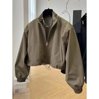 Elegante Giacca Casual da Donna Primaverile e Autunnale, Cappotto Corto con Colletto Rialzato, Zip, in Fibra di Poliestere, Stile Workwear alla Moda