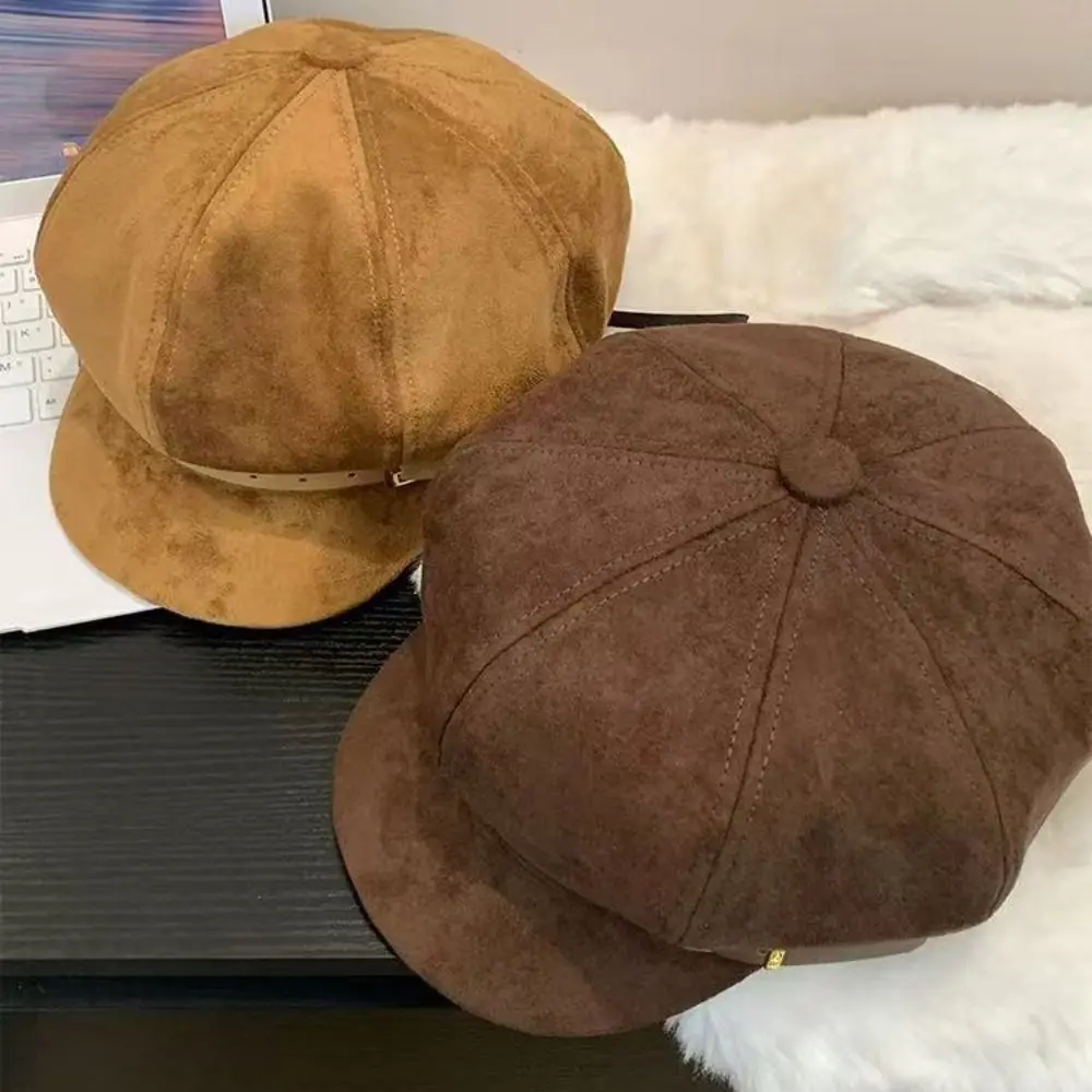 Modische Britische Stil-Baskenmütze aus PU-Leder mit Gürtelschnalle, Retro-Wildleder-Achteckmütze, Künstlerhut, Brauner Malerhut für Mädchen – Detail 3