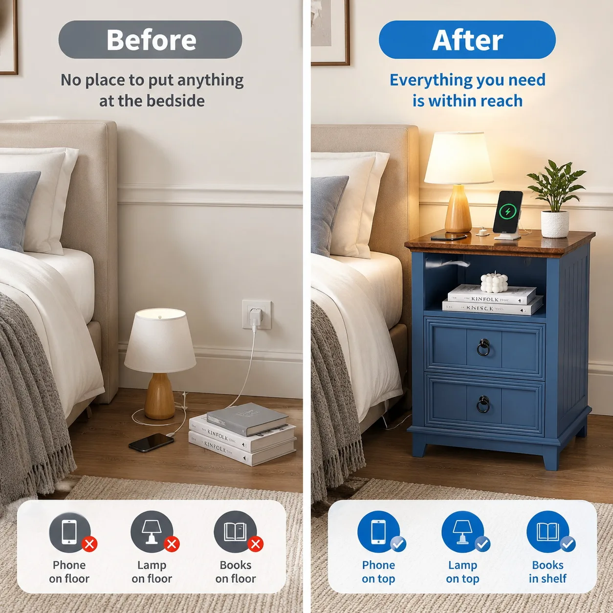 18 Inch Wood Nightstand with USB Charging Station Modern Fluted Bedside Table 2 Drawer End Table with Storage Shelf for Bedroom Living Room Home Office Apartment Dorm Blue 2 18 Inch Wood Nightstand with USB Charging Station Modern Fluted Bedside Table 2 Drawer End Table with Storage Shelf for Bedroom Living Room Home Office Apartment Dorm Blue 2