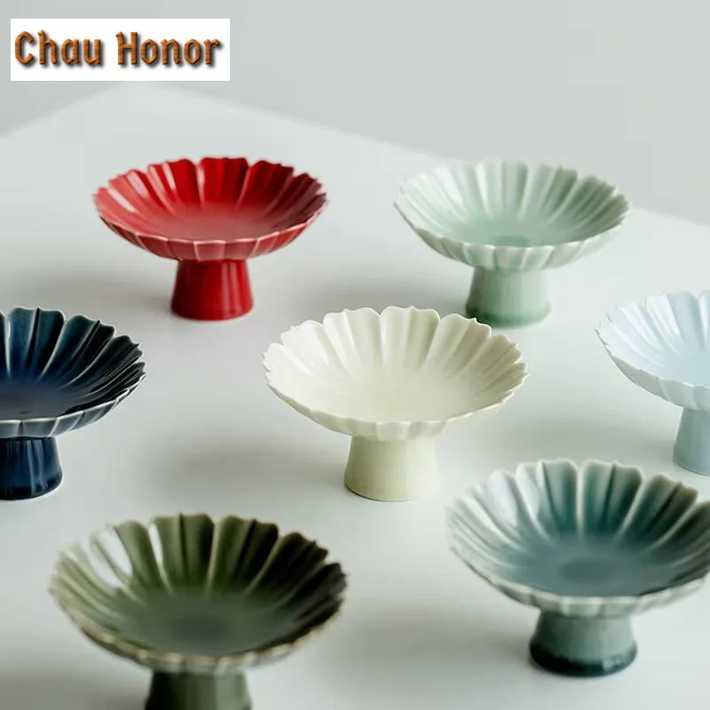 Creative Lotus Petal Ceramic Tea Plate Household High Foot Fruit Plate Snack Fruit Tray Dried Fruit Snack Plate Home Decoration