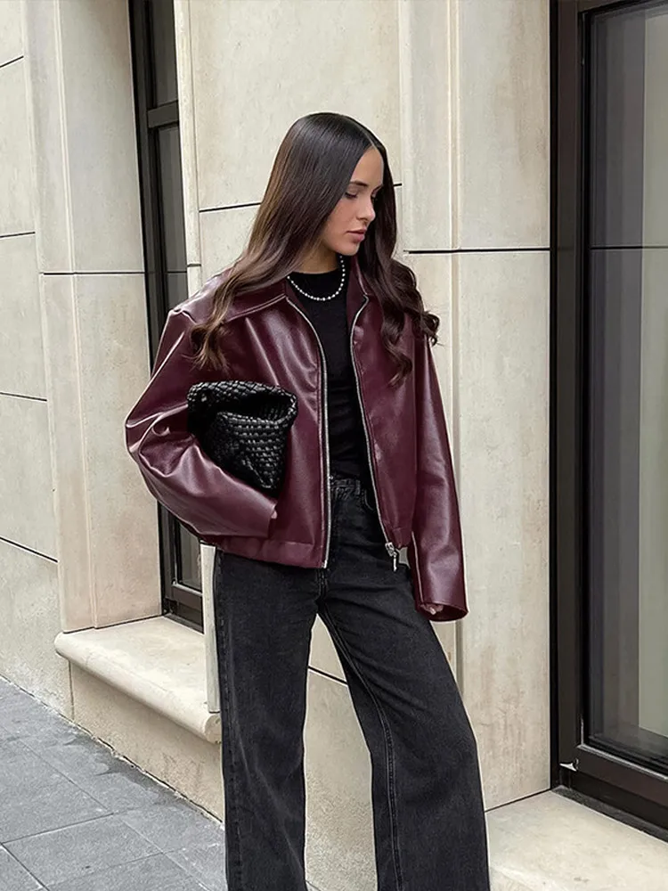 Street Leather Women's Jacket Vintage Fashion Zipper Long Sleeve Pu Female Coats 2024 Autumn Turn-down Collar Lady Outwears 5
