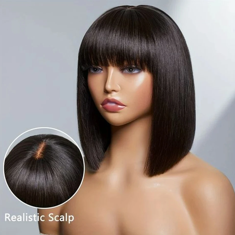 

Short Straight Bob Human Hair Fringe Wigs Fake Scalp Lace Wig With Bangs 3x1 HD Lace Middle Part Wigs Brazilian Natural Bob Wigs