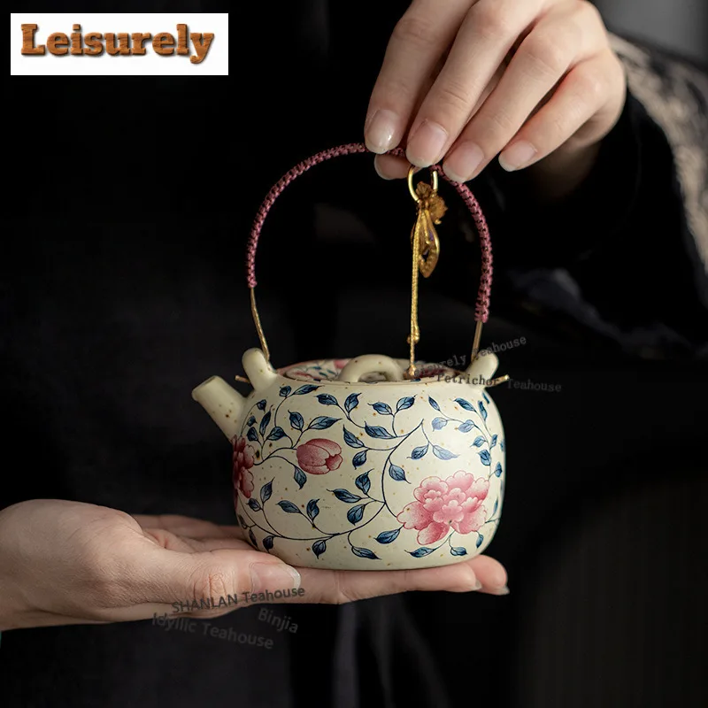 220ML Caramel Glaze Peony Lifting Handle Teapot Antique Tea Infuser Pot Tea Soaking Kettle With Ball Hole Teaware Decoration