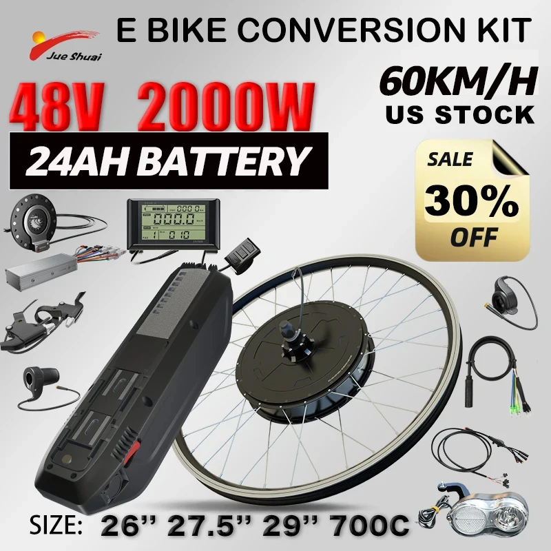 Kit de Conversión para Bicicleta Eléctrica con Batería de 24ah, 26-29 Pulgadas, 700C, 27.5, Kit de Conversión eBIKE, Motor de Buje Trasero sin Engranajes de 48V 2000W