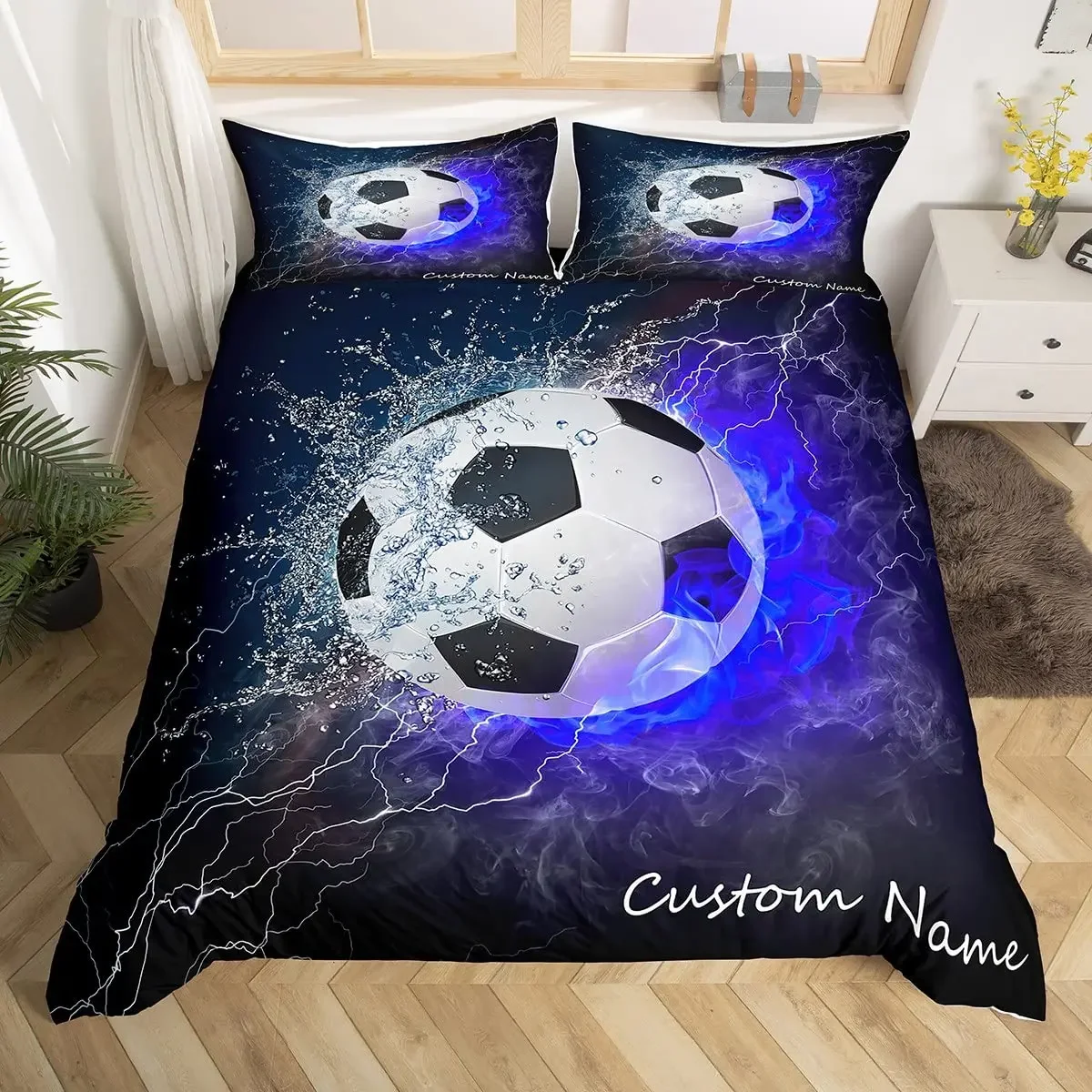 Custom Name Soccer Duvet Cover for Boys Teens Blue Flame Soccer Bedding Set Personalized Sports Comforter Cover Bedroom Decor