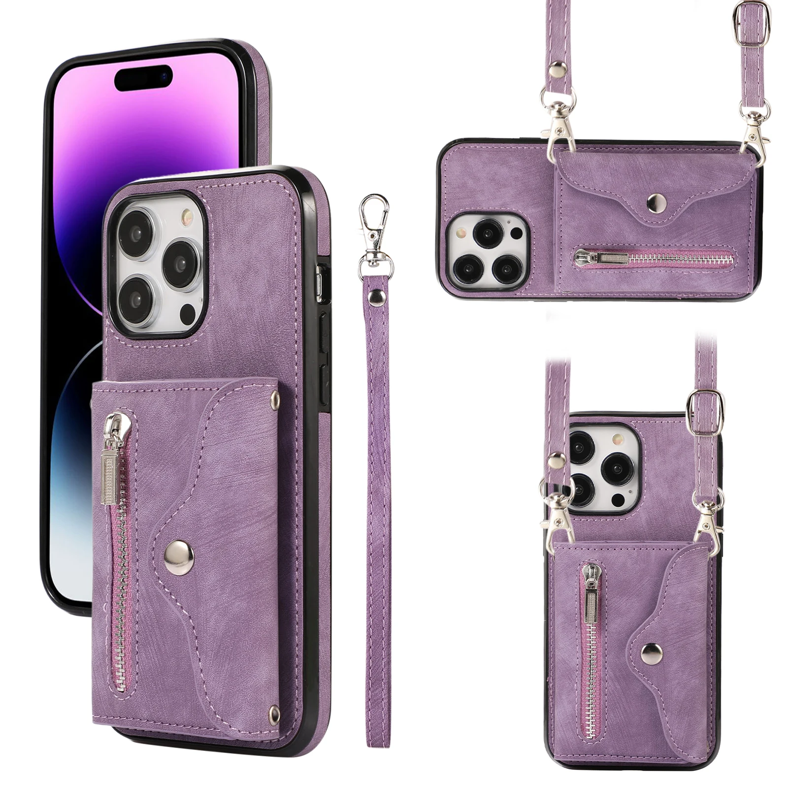 Crossbody Lanyard Phone Case for iPhone 14 Plus 13 12 11 Pro XS Max X RFID  Blocking Organ Multi-Card Holder Wallet Leather Cover