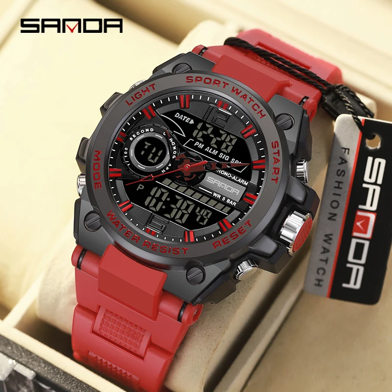 SANDA Trendy Men Multifunctional Dual Display Watch HD LED Digital 50M Waterproof Military Watches Alarm Clock Timing Reloj 9010