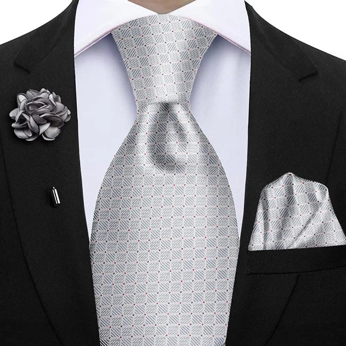 Herren-Krawatte, rot, grau, lila, kariert, Jacquard, gewebt, gestreift, Krawatte, Einstecktuch, Manschettenknöpfe, Sets für formelle Hochzeit, Geschäftsfeier – Detail 25