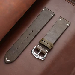Retro Leather Watch Strap - Universal Cowhide Band with Stitching, Oil Wax Finish - 22mm (Green)