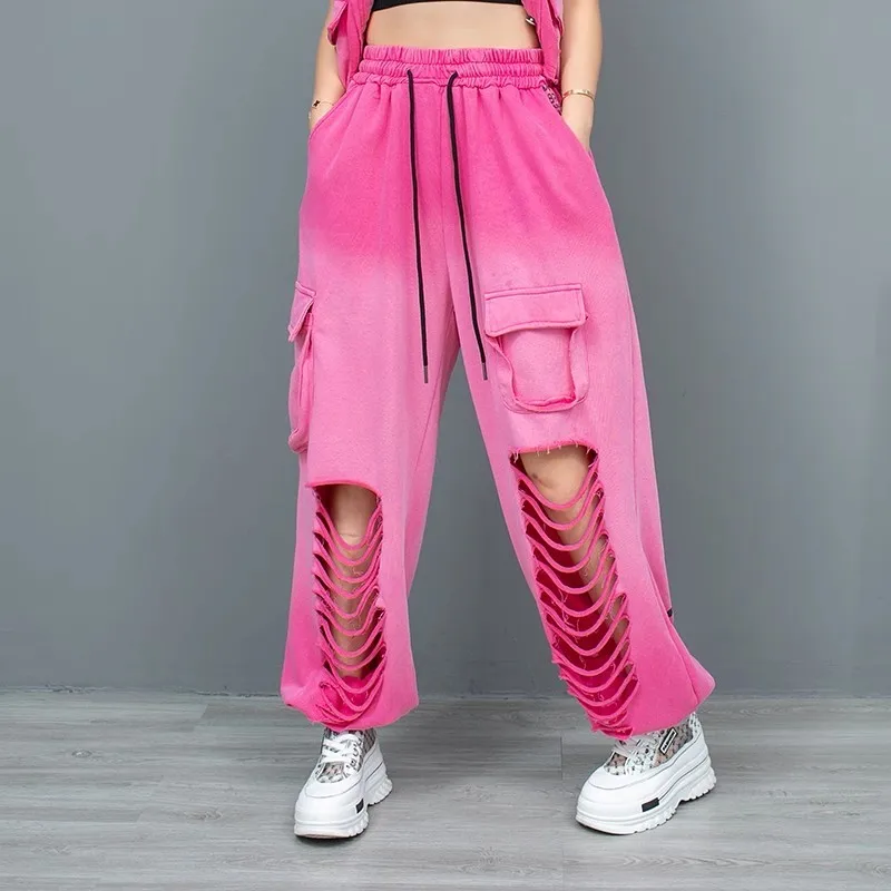 

Gradient Color Contrast Cut Hole Straight Casual Pants Women 2024 Summer Fashion Pant LX1283