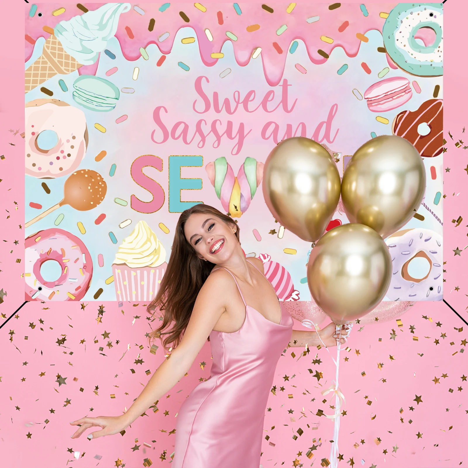 Donut 7th Birthday Backdrop Sweet Sassy and Seven for Birthday Party Decorations Banner Pink Donut 7th Backdrop for Pa party decorations,birthday banner,birthday streamers