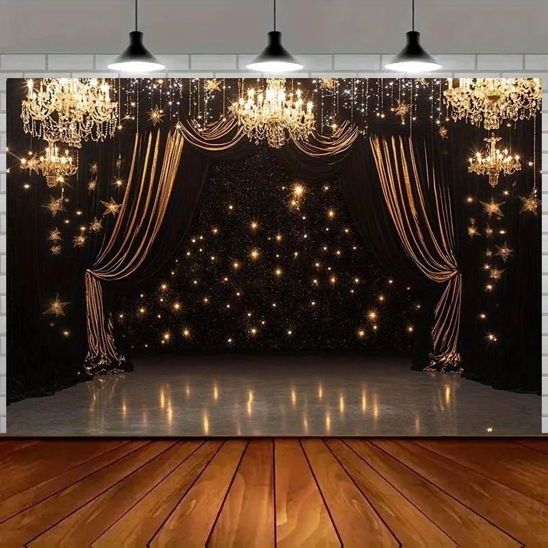 Luxuriöser Hintergrundstoff gepaart mit eleganten Kronleuchtern, goldenen Vorhängen und funkelnden Sternen – Hochzeitsdekorationen aus Polyester – Detail 6