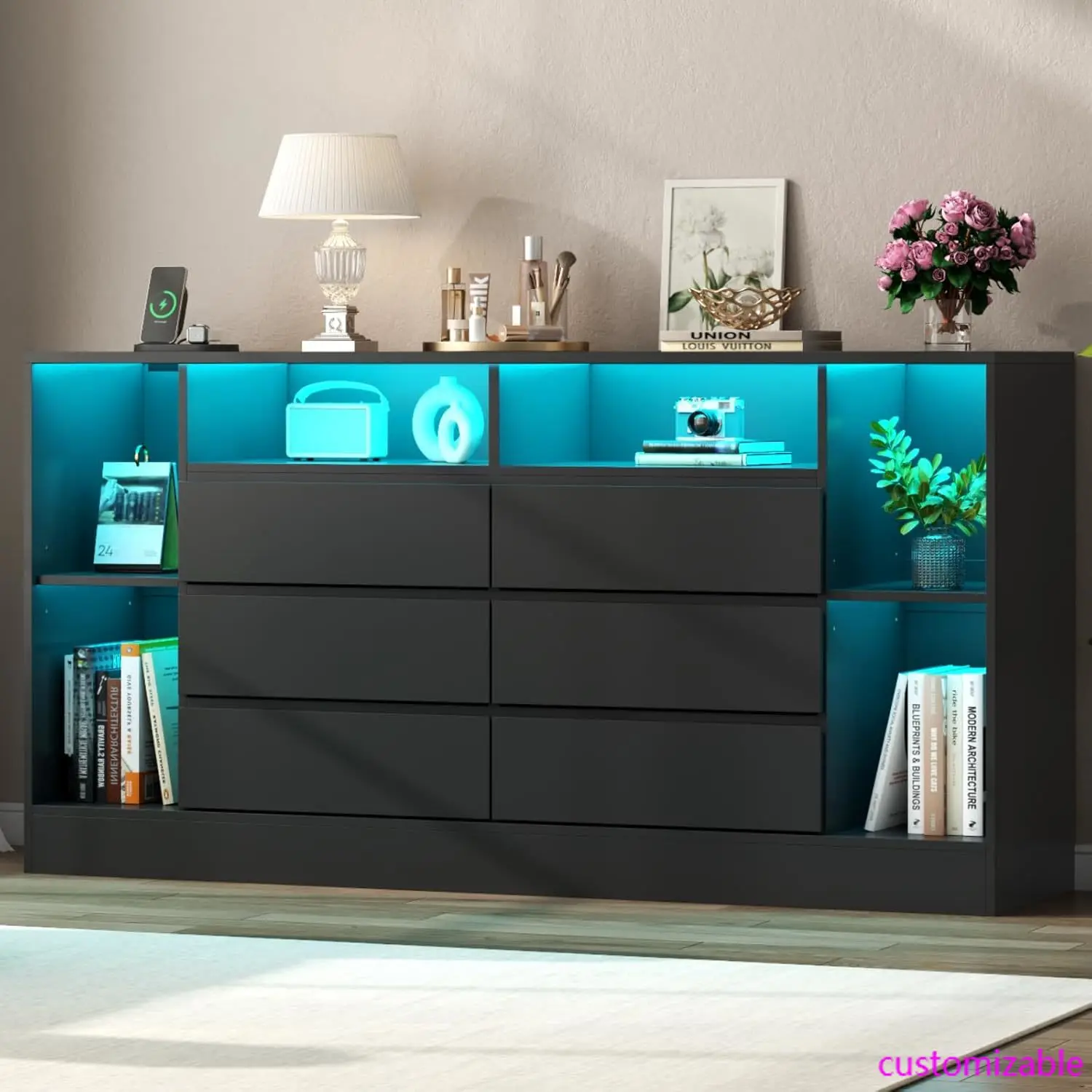 55" Modern Dresser with 6 Drawers, USB Charging, RGB LED Lighting & Open Storage - Black