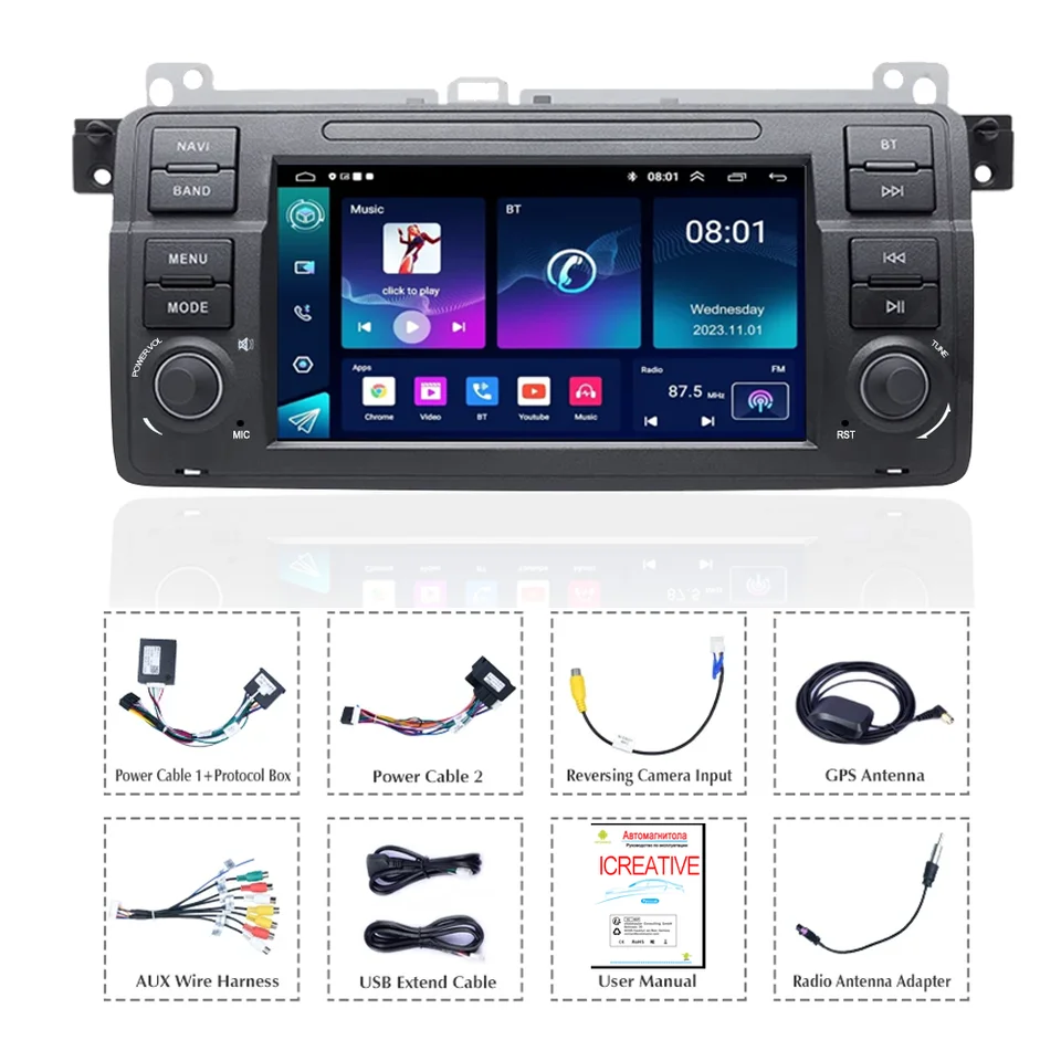 Hikity Android 13 Carplay Display voor BMW 3-serie E46 1999 2000 2001 2002 2003 2004 2005, 9 waterdicht touchscreen, met GPS Bluetooth Android Auto RDS FM achteruitrijcamera