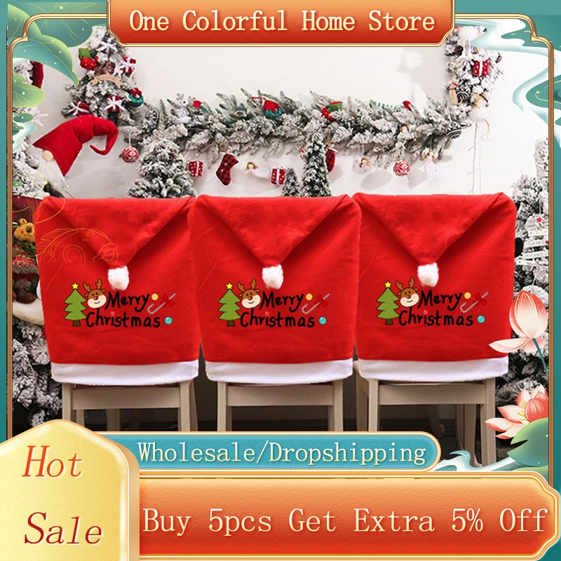 

Christmas Chair Cover Red Santa Claus Hat Style Elk Letter Pattern Kitchen Dining Chair Cover For New Year Festival Decoration