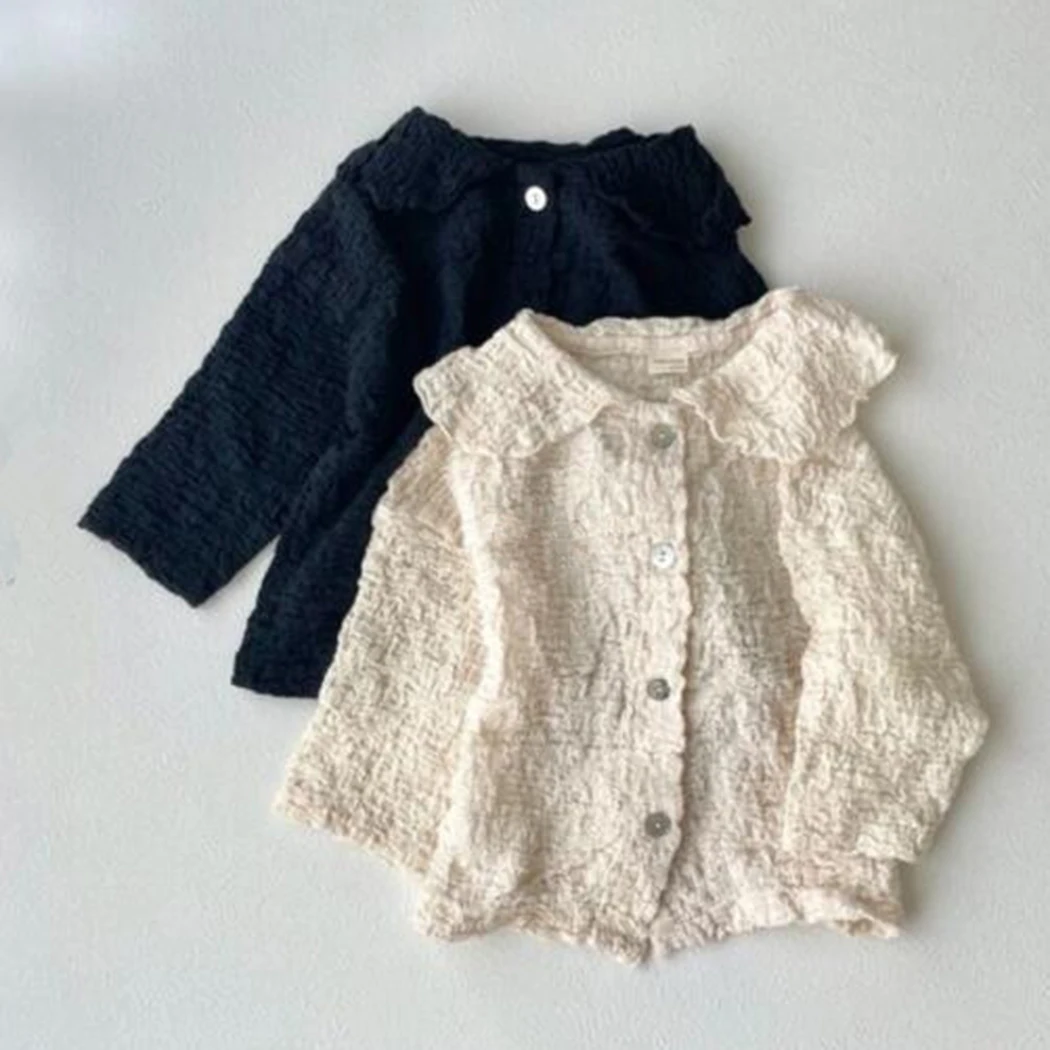 

Винтажная блузка с лепестковым воротником для маленьких девочек, Весенняя Детская рубашка с длинным рукавом, куртки для малышей, одежда для детей, детская верхняя одежда, детские вещи