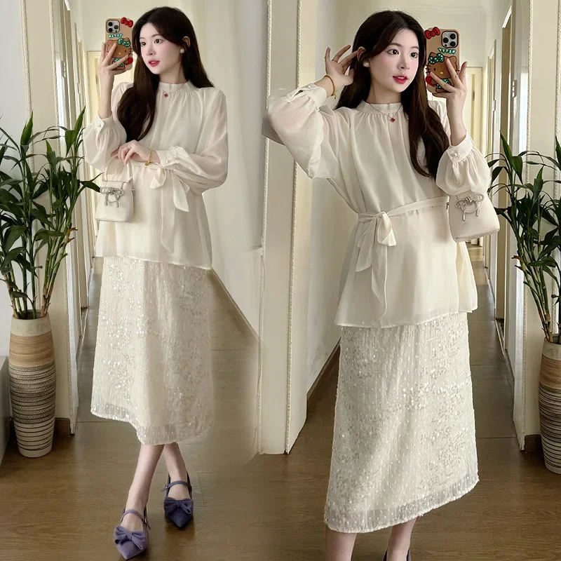 Maternity Ensemble Glittering Half-length Skirt And Slimming Shirt Two-piece Set Elegant Celebrity Style Maternity Wear