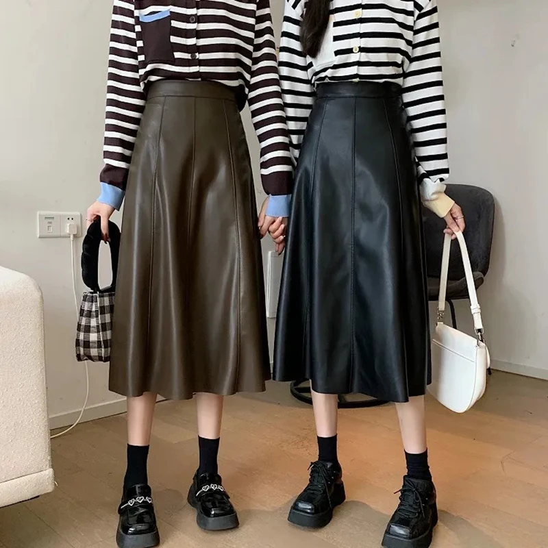 

Zoki Black Faux Pu Leather Women Skirts Autumn Winter High Waist Korean All Match A Line Skirts Chic Elegant Office Lady Skirts