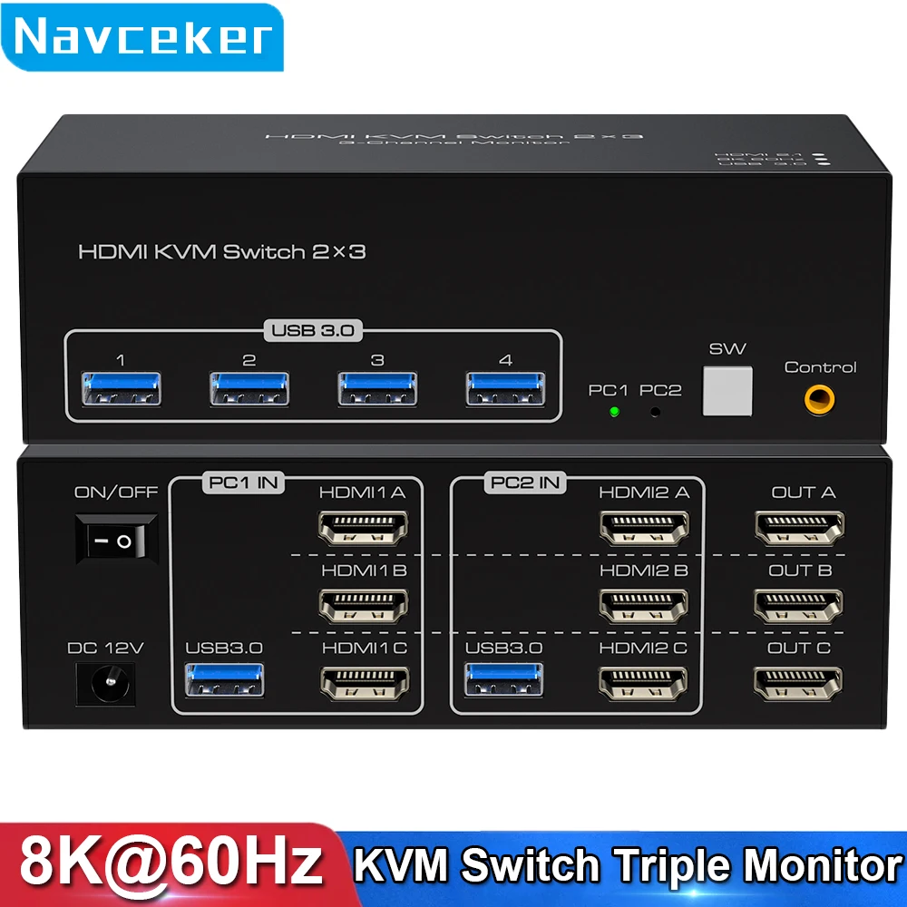 Navceker 8K 60Hz Triple HDMI USB 3.0 KVM Switch 3 Monitors 2 Computers 4K 120Hz 2x3 Triple Monitor KVM Keyboard Mouse Switcher 1