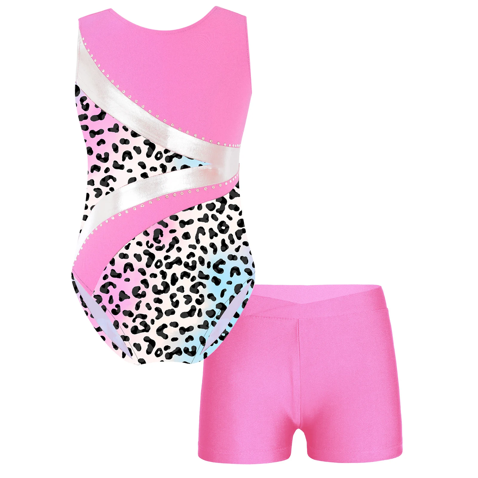 Kids Sleeveless Leopard Print Gymnastics Leotard with Shorts Yoga Gymnastics Jumpsuit for Girl Children Ballet Dance Outfits