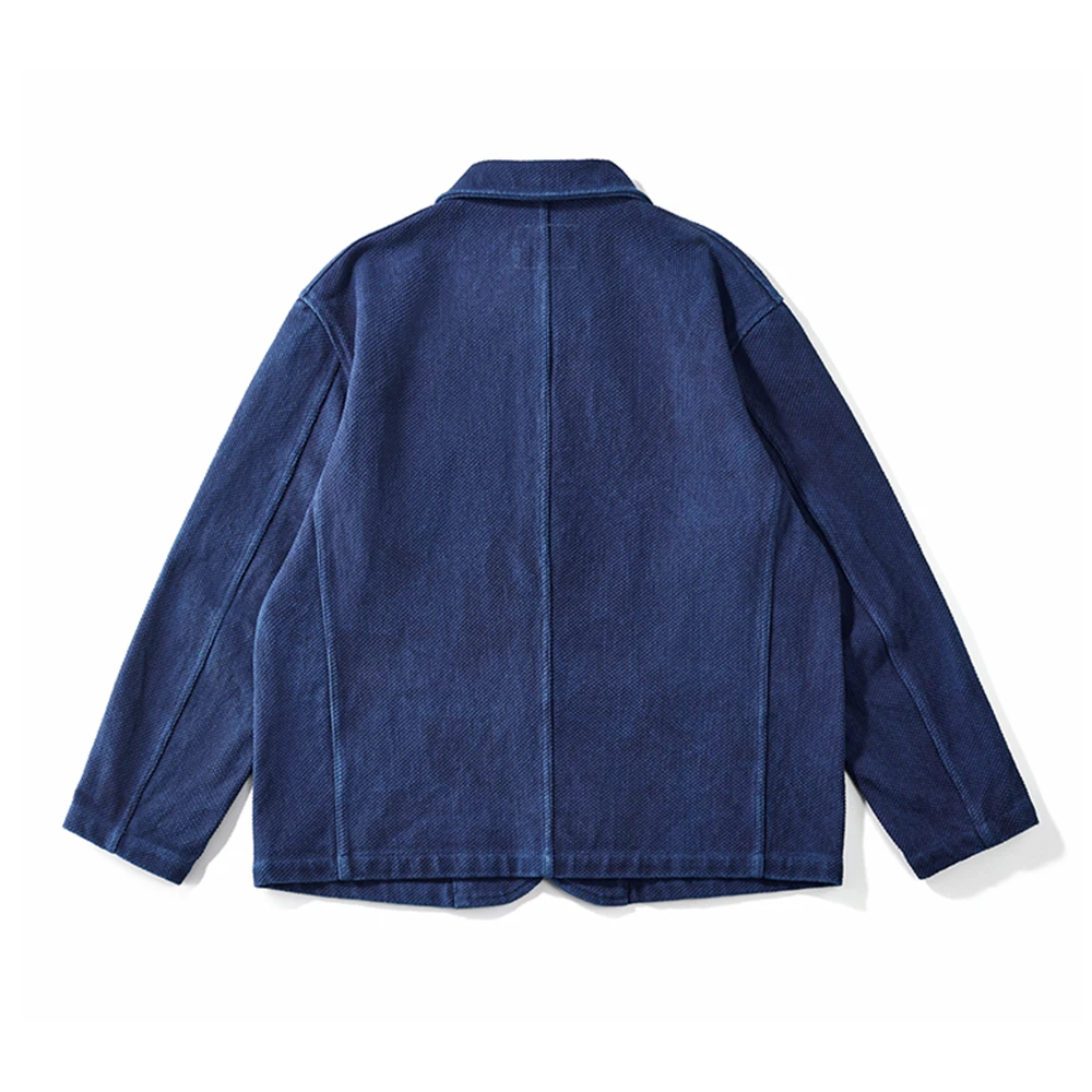 Heavy Weight Indigo Jacket Men Autumn Winter Vintage Workwear Tooling Jacket Blue Dyed Kendo Fabric Multi-pocket Cardgian Coat 5