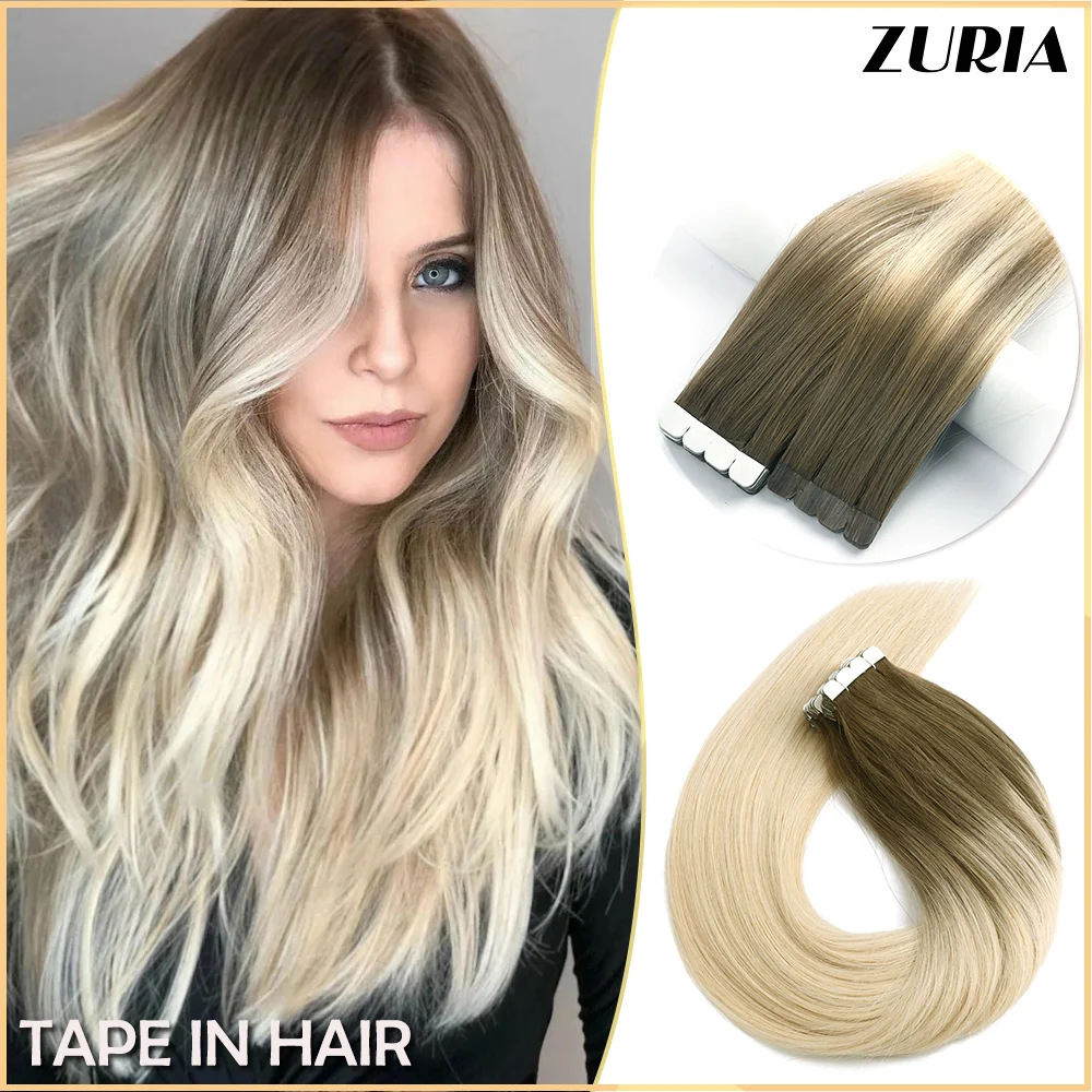 Human Hair Extensions ZURIA Straight Hair Mini Tape In Human Hair Extensions Invisible Skin Weft Adhesive 12/16/20" 100% Natural Real Wigs For Women