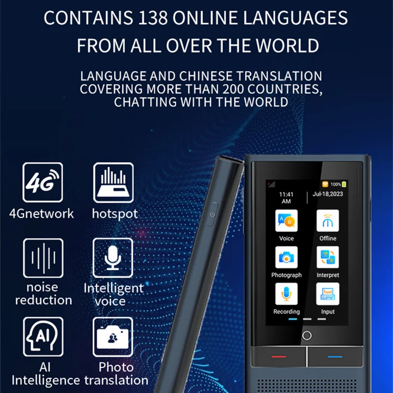 AI Voice Translator Z6 117 Languages 3.1inch IPS Screen 4G SIM Card Internet 8G Memory Recording Intelligent Translated