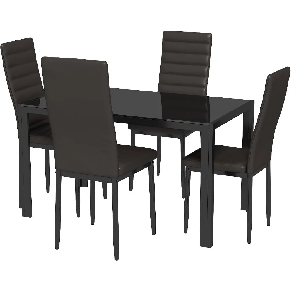 5 Piece Glass Dining Table Set, Kitchen 4 Person Chair, PU Leather Modern Room Set, For Family, Kitchen, Living Room