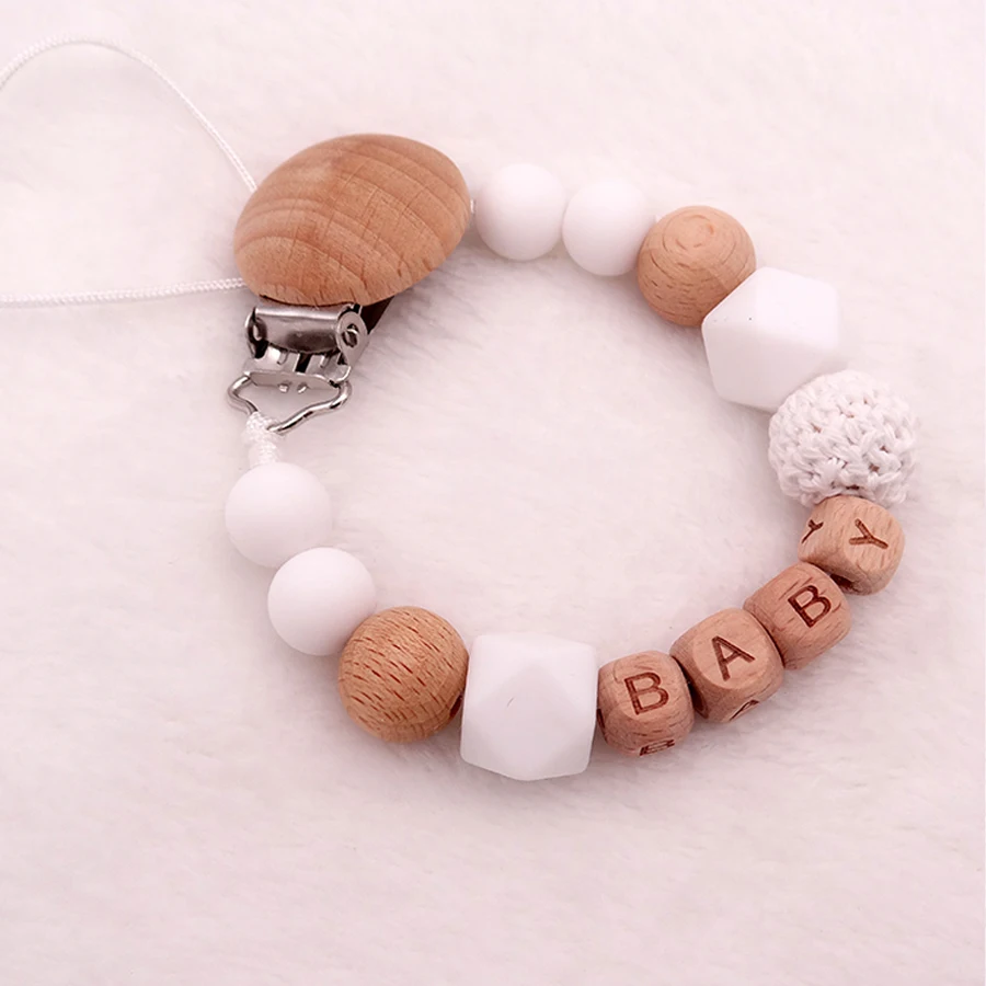 Handmade Free Personalized Name Speenclips Wood Silicone Pacifier Clips Safe Chupetero Teething Chain Pacifier Leash Holder New