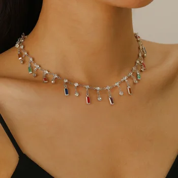 Fashion Dopamine Colorful Crystal Tassel Necklace For Women Jewelry 2025 Trending New Luxury Zircon Necklaces Choker Gift Summer