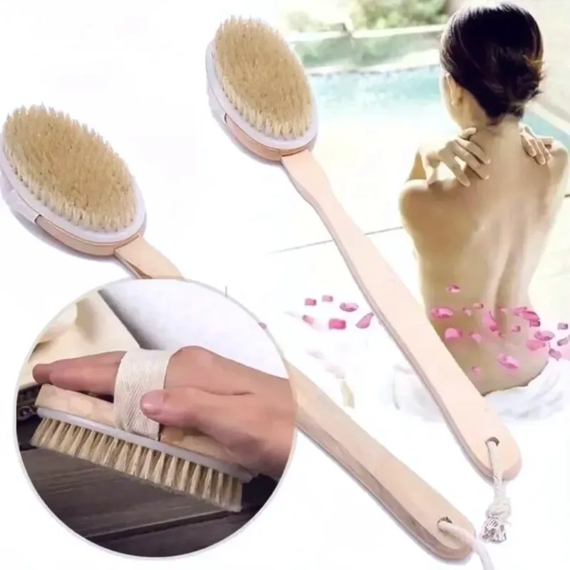 1pc Back Scrubber Brush, Natural Bristle & Long Handle, Detachable for Easy Cleaning, Exfoliates Dry Skin, Shower Massager